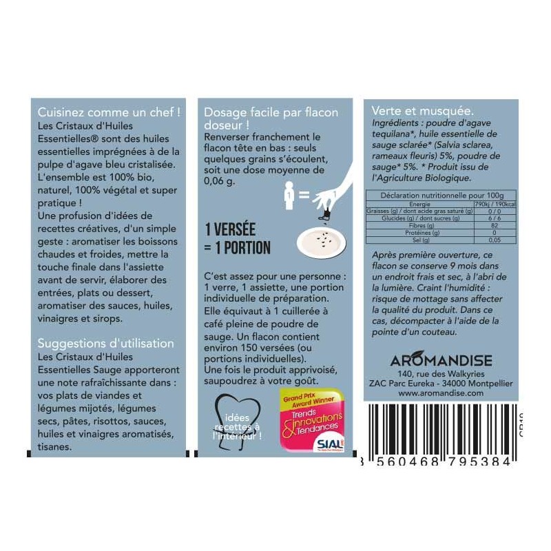 Cristaux d'huiles essentielles BIO à cuisiner, Sauge - 10g - Aromandise