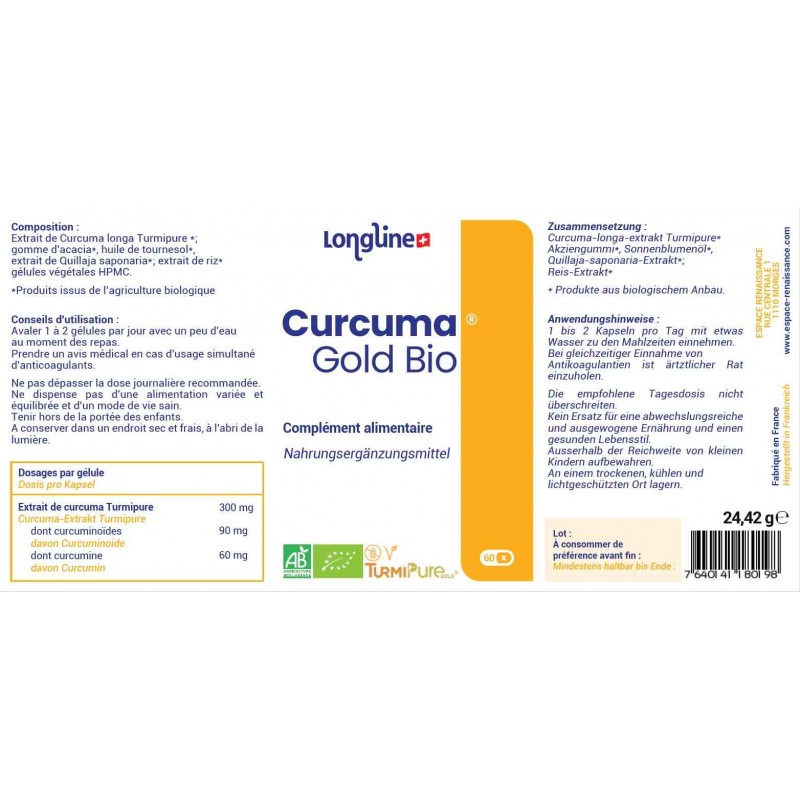 Curcuma Gold BIO - Bio optimisé pour une très haute assimilation - 60 gélules - Longline
