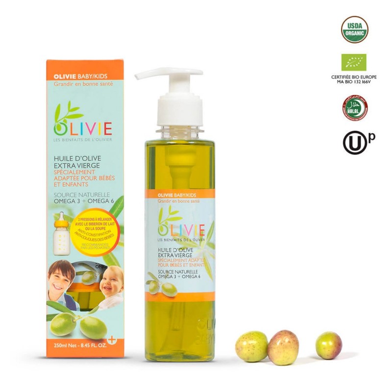 OLIVIE Baby/Kids, Huile d'olive extra vierge spécialement adaptée pour les bébés et les enfants - 250ml - Olivie
