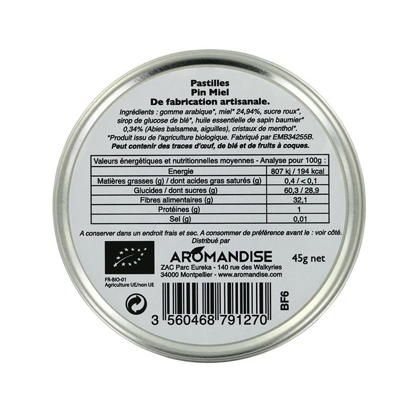 Pastiglie artigianali della Linguadoca, con pino e miele - 45g - Aromandise