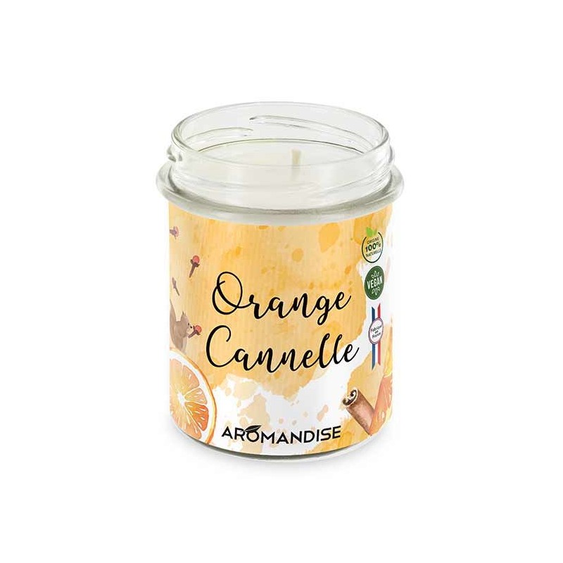 Candela Arancia-Cannella 100% naturale con cera di soia, 30h - 150g - Aromandise