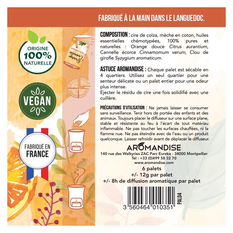 Palets fondants aux huiles essentielles, Orange-Cannelle - 6 palets (4 utilisations par palets) - Aromandise