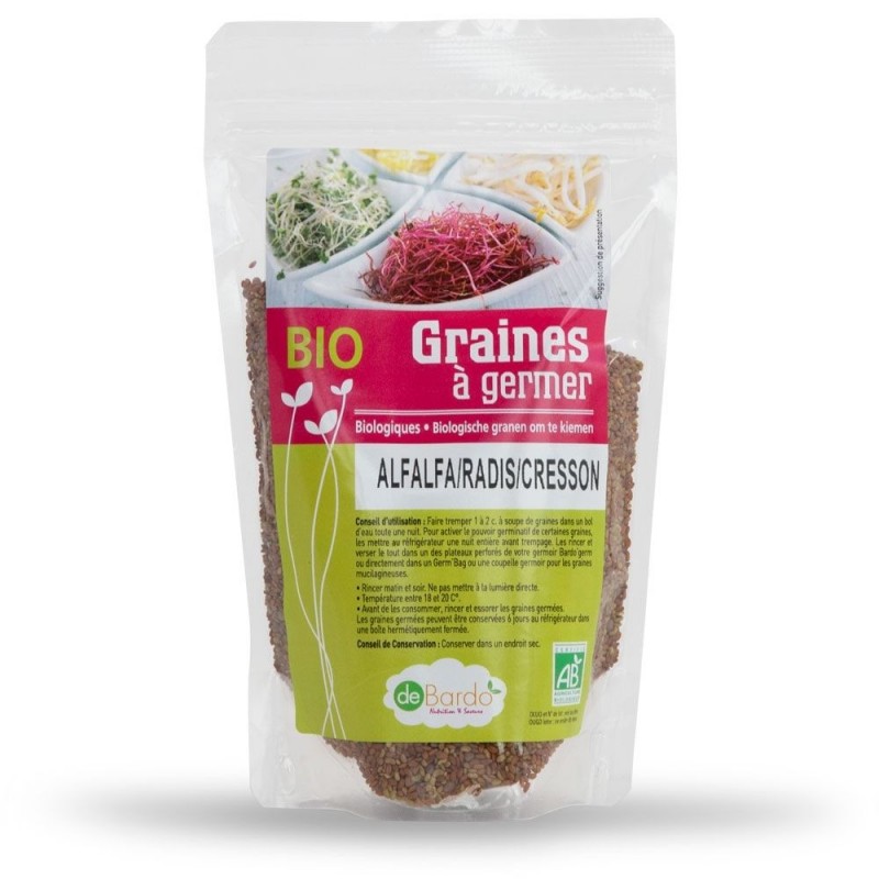 Miscela di semi germogliati biologici - Erba medica (alfalfa), ravanello e crescione - 200g - De Bardo