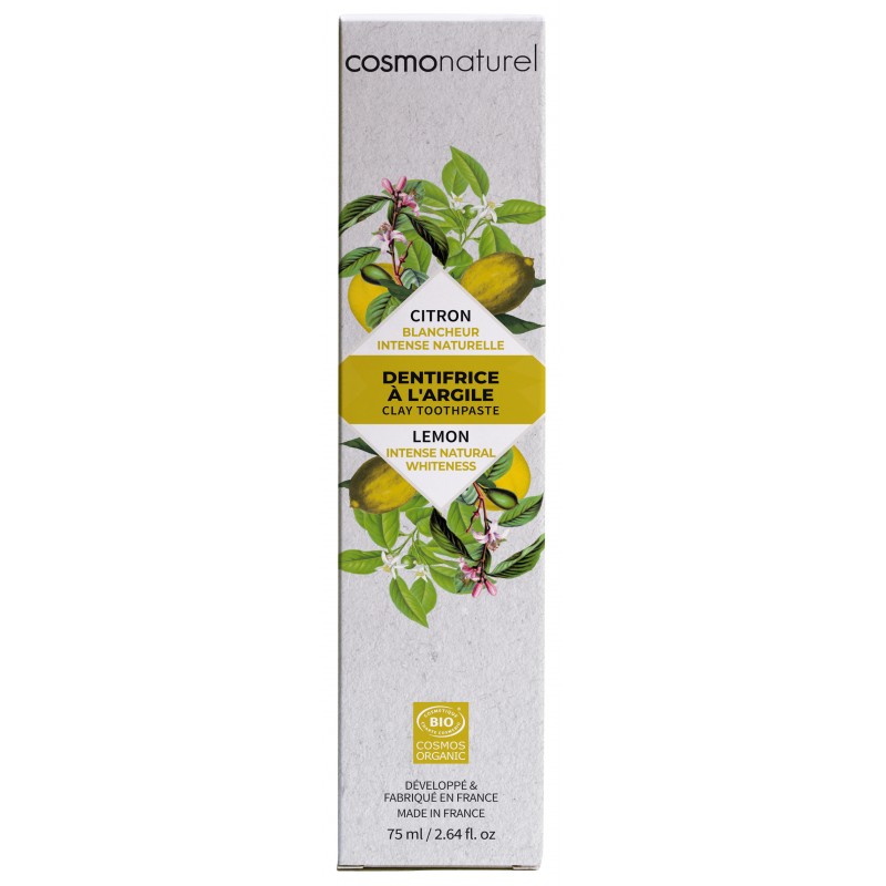 Dentifrice BIO à l'argile et d’huile essentielle, Citron blanchissant - 75ml - Cosmo Naturel