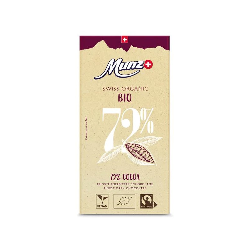 Chocolat Noir amer surfin - 72% Cacao, au lait Suisse, Bio & équitable - 100gr - Munz