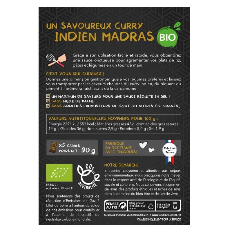 Sauce au carré BIO, Curry Madras - 90g, 5 portions - Aromandise