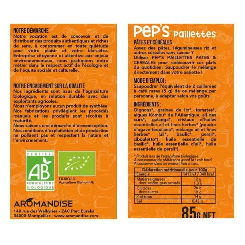 Pep's Bio Flocken für Nudeln und Getreide (Reis, Weizen, Quinoa...) - 85g - Aromandise