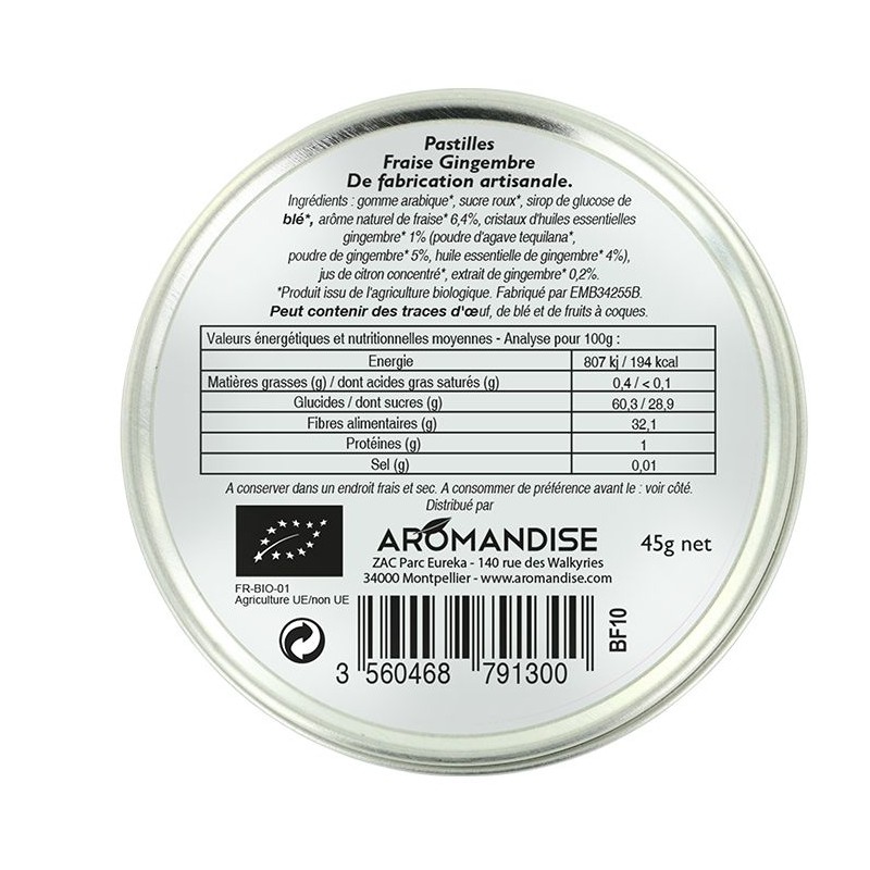 Pastilles artisanales BIO du Languedoc, à la fraise et gingembre - 45g - Aromandise