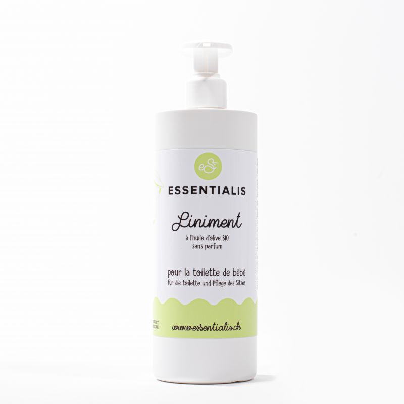 Liniment 100% naturel Suisse à l'huile d'olive, sans parfum - Bouteille en verre 500ml - Essentialis