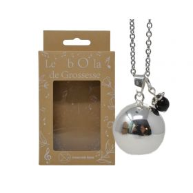 Bola de grossesse plaqué argent lisse, avec perle d'Obsidienne noir - ⌀ 2,2 cm & chaine 114cm - Irréversible Bijoux