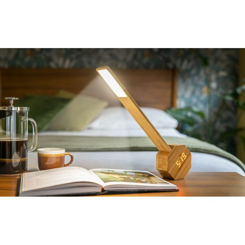 Sveglia e lampada da tavolo portatile in bambù, Octagon One Plus - Gingko Design