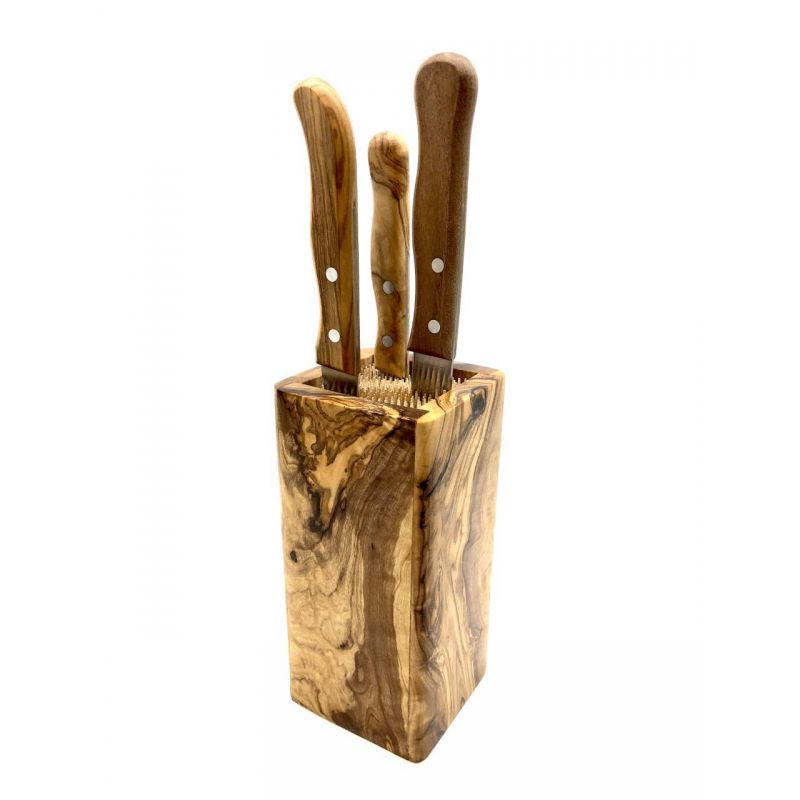 Bloc à couteaux en bois d'olivier DESIGN avec support en piques de bois - Olivenholz Erleben