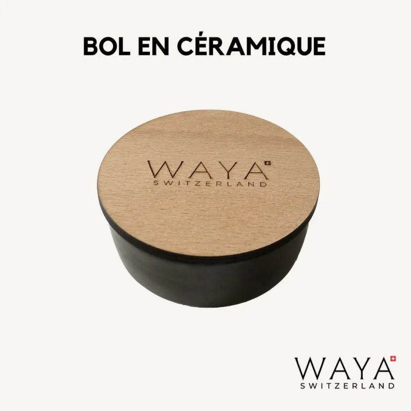 Bol en céramique Noir avec couvercle en hêtre - Réalisé en Suisse par un atelier protégé - Waya Cosmetics