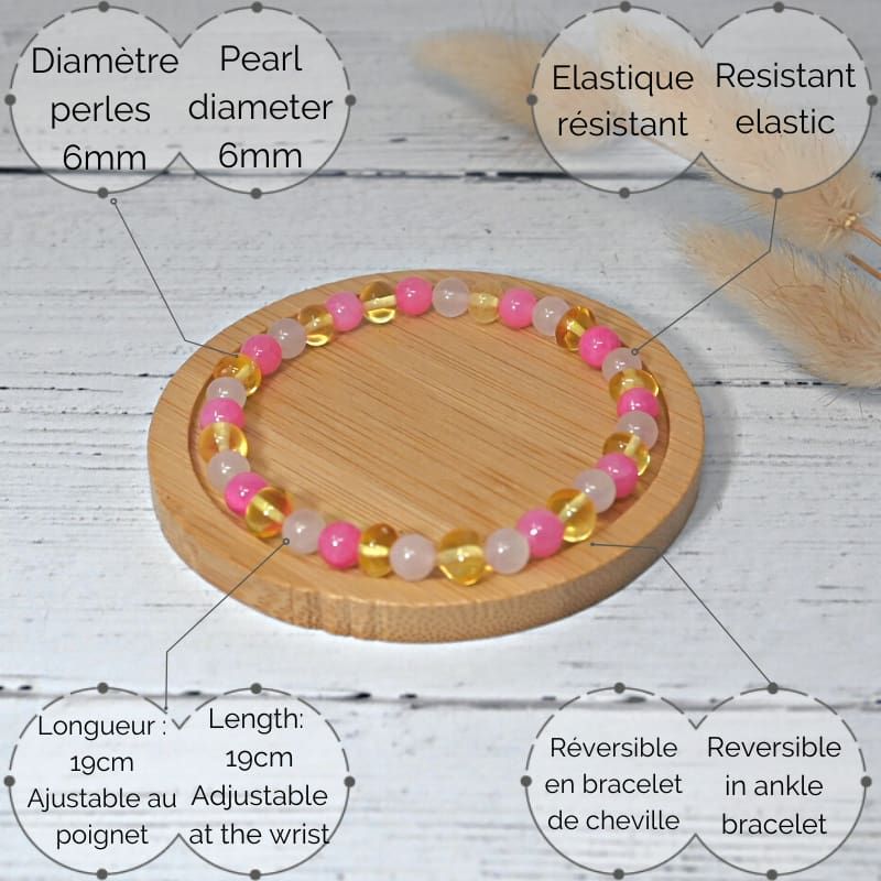 Bracciale in pietre naturali per adulti - Ambra limone, calcedonio e quarzo rosa - 19 cm - Irréversible Bijoux