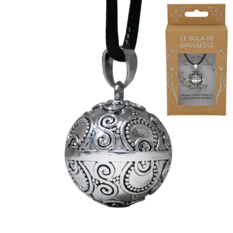 Bola da gravidanza JENNIFER argentata con disegno azteco - ⌀ catena da 2,2 cm e 114 cm - Bijoux irreversibile