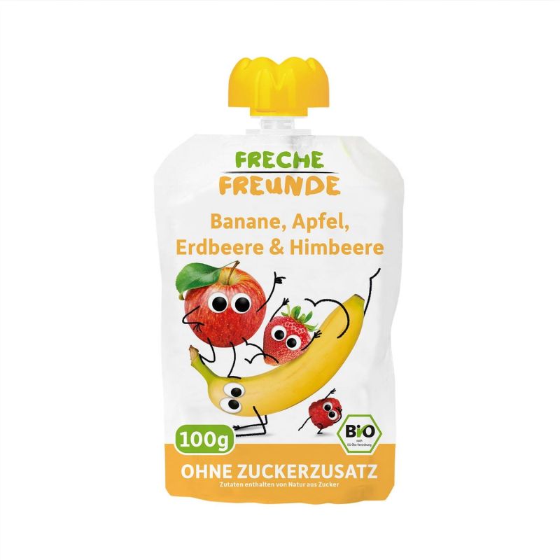 BIO-Quetschie Banane, Apfel, Erdbeere & Himbeere - 100g - Freche Freunde