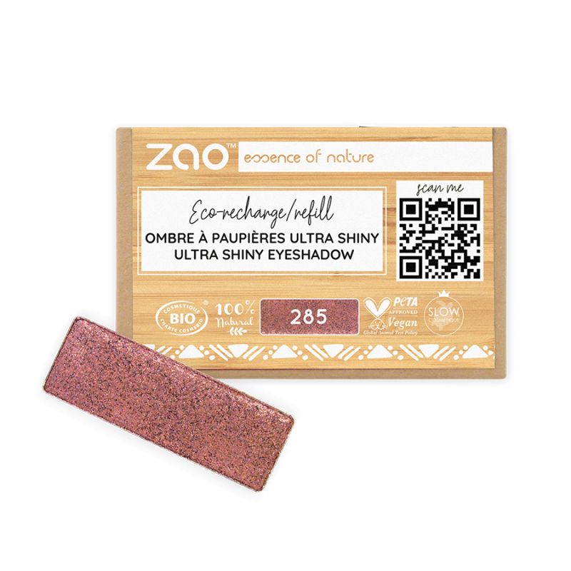 Ombretto ultra brillante (ricarica rettangolare) - 100% naturale, biologico e vegano - N° 285, Metallo rosa - Zao