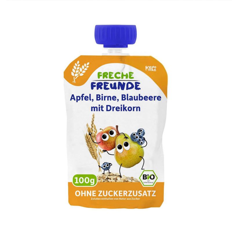 Composta di frutta biologica (Germania) - Mela, pera, mirtillo e farro - 100 g - Freche Freunde