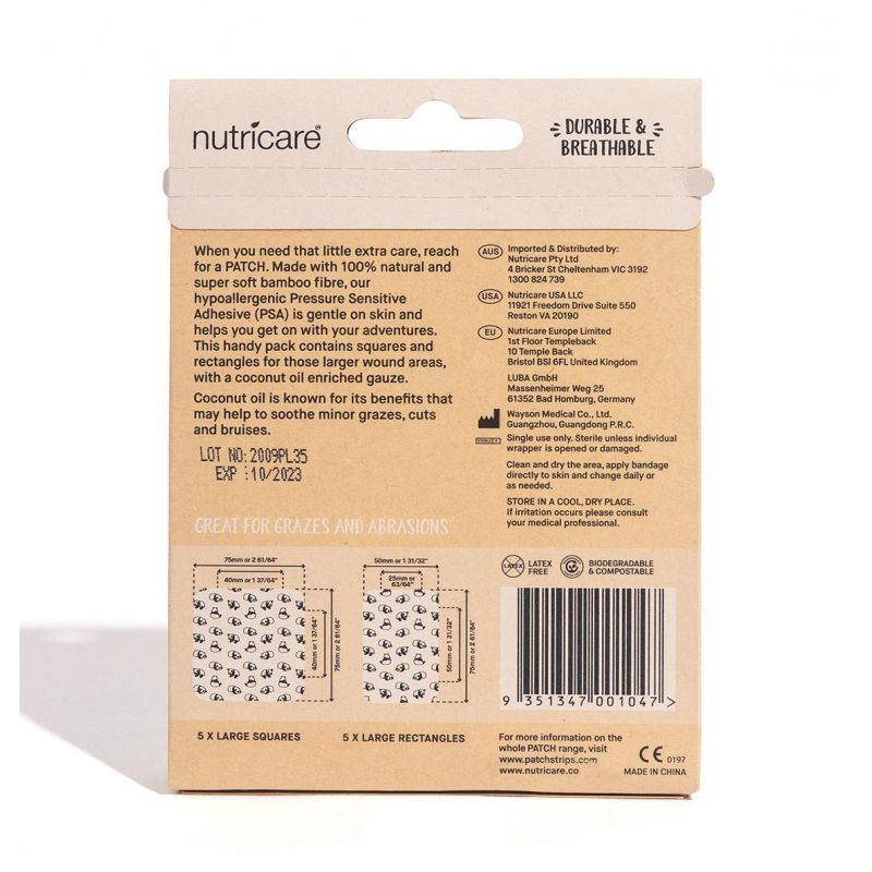 Pack de grands pansements Enfant en bambou organique et hypoallergénique - A l'huile de coco -  2x5 pces en 2 tailles - PATCH