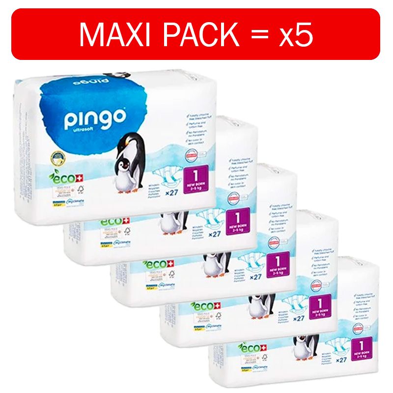 Pannolini ecologici svizzeri per neonati - Taglia 1, Newborn (2-5kg) - MaxiPACK, 5x 27 pz (135 pannolini) - Pingo