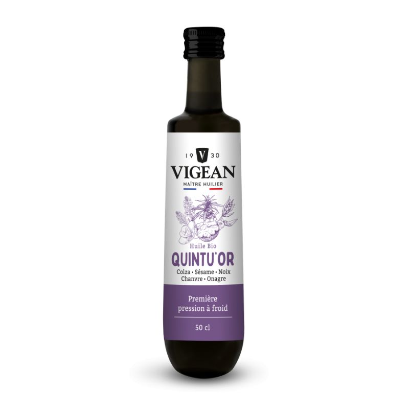 Olio BIO Quintu'Or, spremuto a freddo – Colza, Sesamo, Noci, Canapa, Enotera – 500ml – Vigean