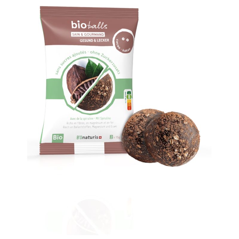 BioBalls, Sfere sane e gustose con Spirulina, senza zuccheri aggiunti – Spirulina-Cioccolato – 2x15g – BIOnaturis