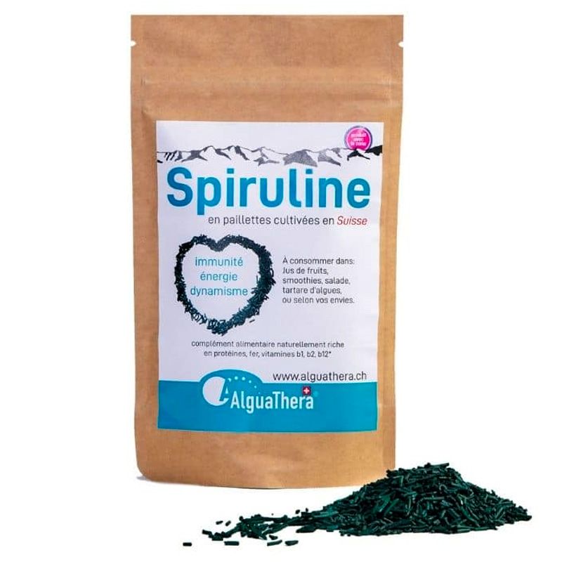 Spirulina in fiocchi, coltivata in Svizzera (Vallese) - 100g - AlguaThera