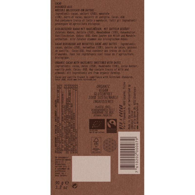 Cioccolato biologico alle nocciole, dolcificato con datteri – 65% cacao, 25% datteri, 10% nocciole, Bio & Fairtrade – 90g – BIOe