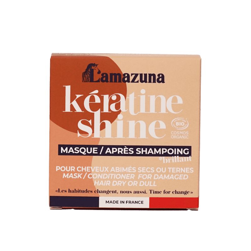 Masque après-shampooing solide à la kératine végétale pour cheveux abimés, secs ou ternes - Kératine Shine - 74ml - Lamazuna