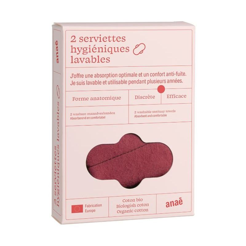 Serviettes hygiéniques lavables/réutiulisables Bi-Color en coton 100% BIO - 2 pces, Flux modéré - Anaé