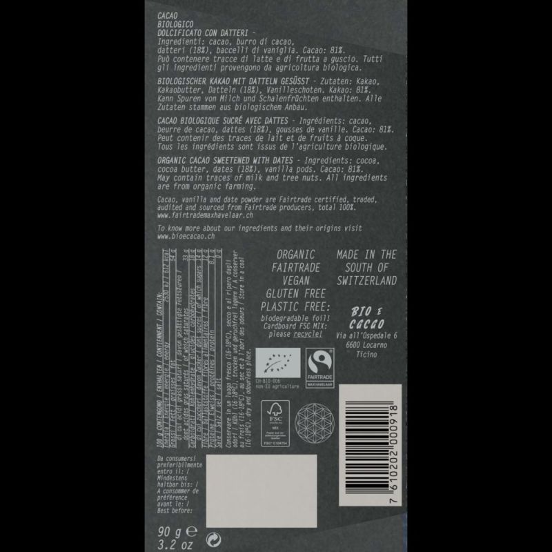 Cioccolato biologico dolcificato con datteri – 72% cacao, 28% datteri, Bio & Fairtrade – 90g – BIOeCacao