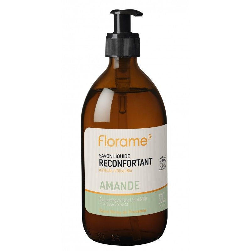 Savon liquide BIO traditionnel, rechargeable - Amande - Flacon-pompe en verre de 500 ml - Florame