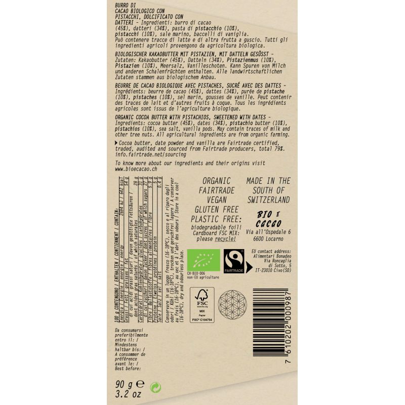 Chocolat BIO sucré aux dattes "White Pistachio", 45% Beurre de cacao & Pistache - Bio & Fairtrade - 90g - BIOeCacao