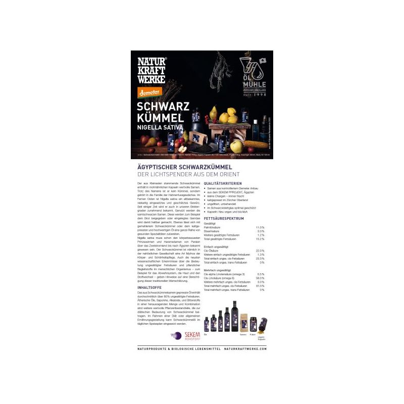 Huile de cumin noir BIO - 60 Vegicaps à 595 mg - NaturKraftWerke
