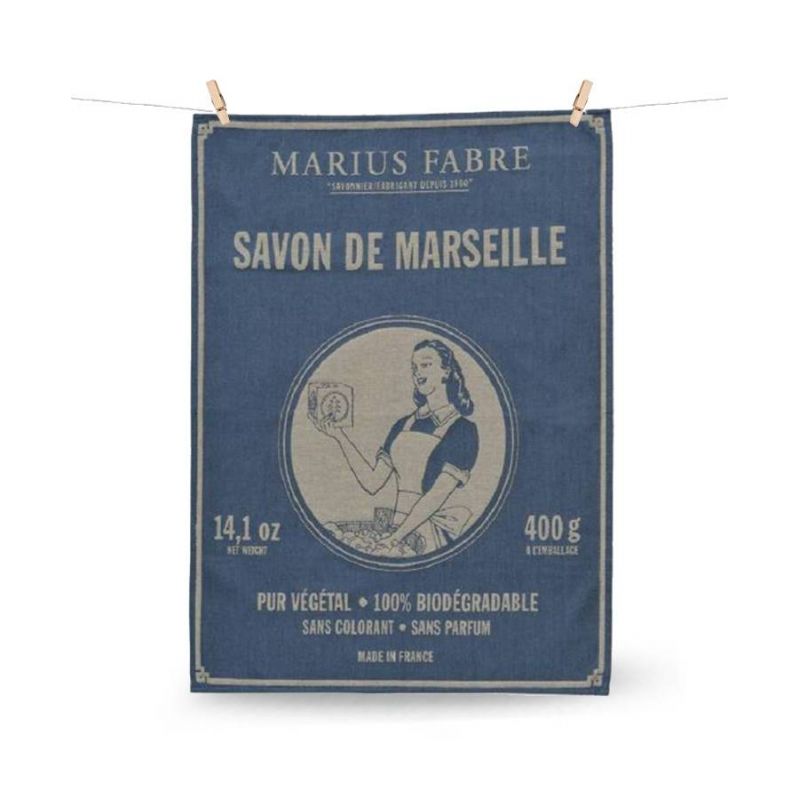 Geschirrtuch aus Baumwolle, blau, „Savon de Marseille”, in Frankreich gewebt - 50 x 70 cm - Marius Fabre