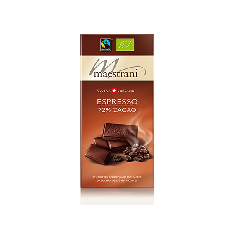 Chocolat noir au café - Expresso 72% Cacao, au lait Suisse, Bio & équitable - 80gr - Maestrani