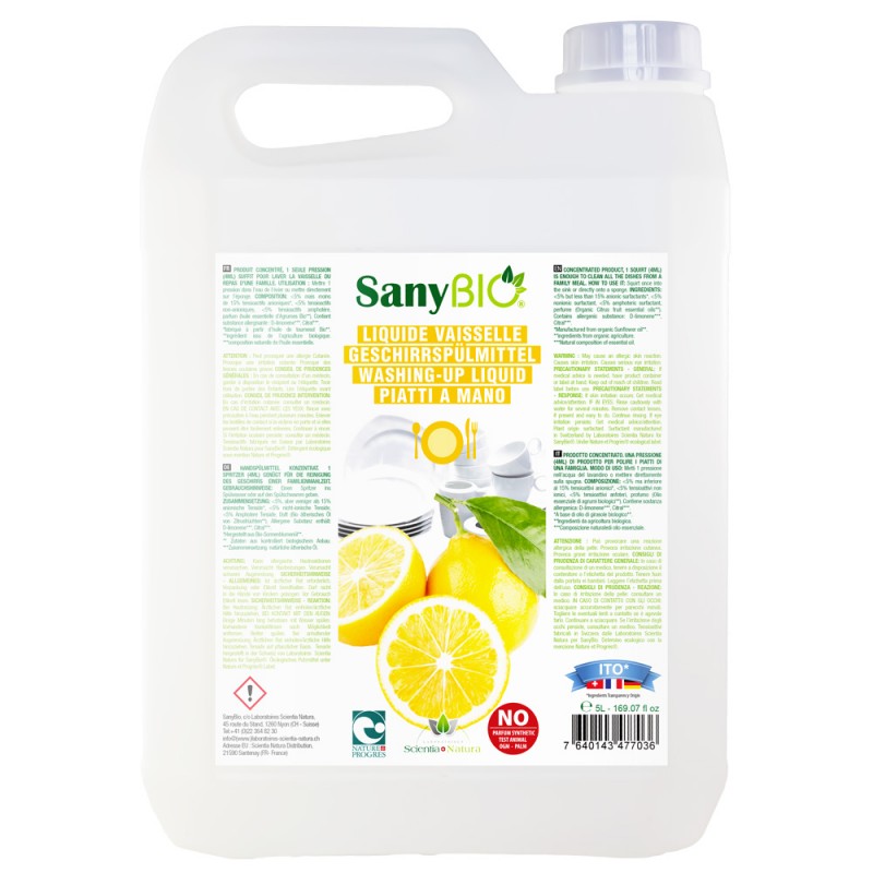 Liquide vaisselle BIO Suisse, Citron - Bidon de 5 litres - Sanybio (Scientia Natura)