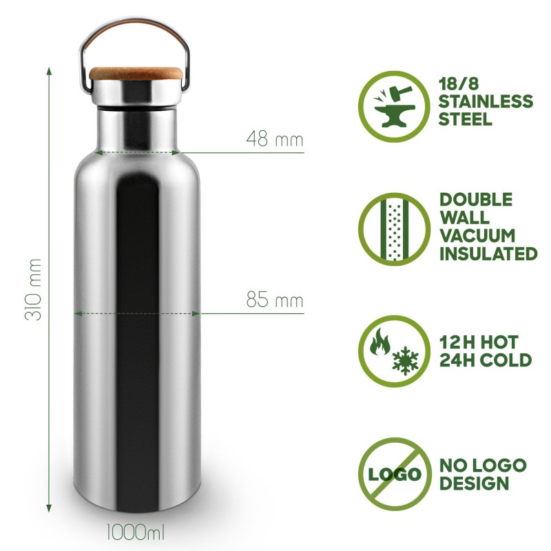 Bottiglia isotermica in acciaio inox con tappo in bambù - 1000ml - Bambaw