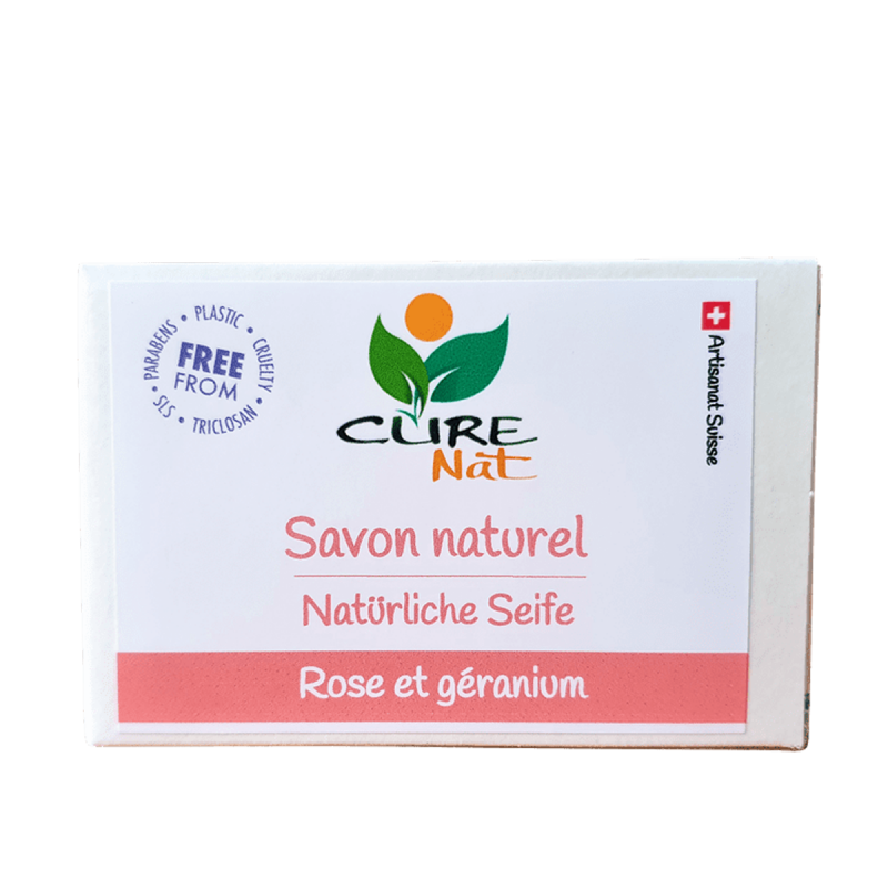 Savon artisanal et 100% naturel Suisse, Rose et géranium - 95g - Curenat